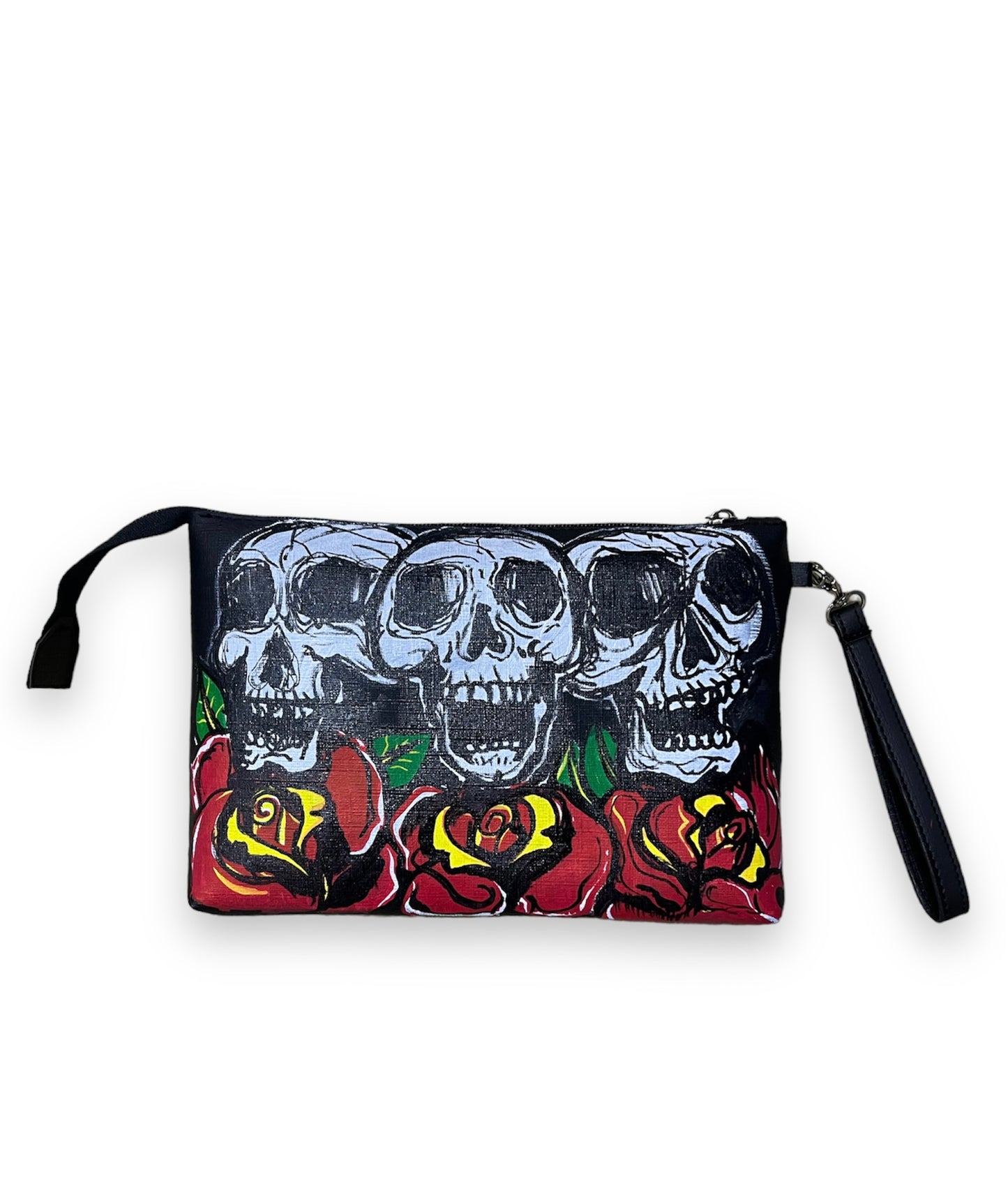 skeleton and roses clutch bag