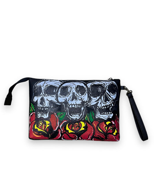 skeleton and roses clutch bag